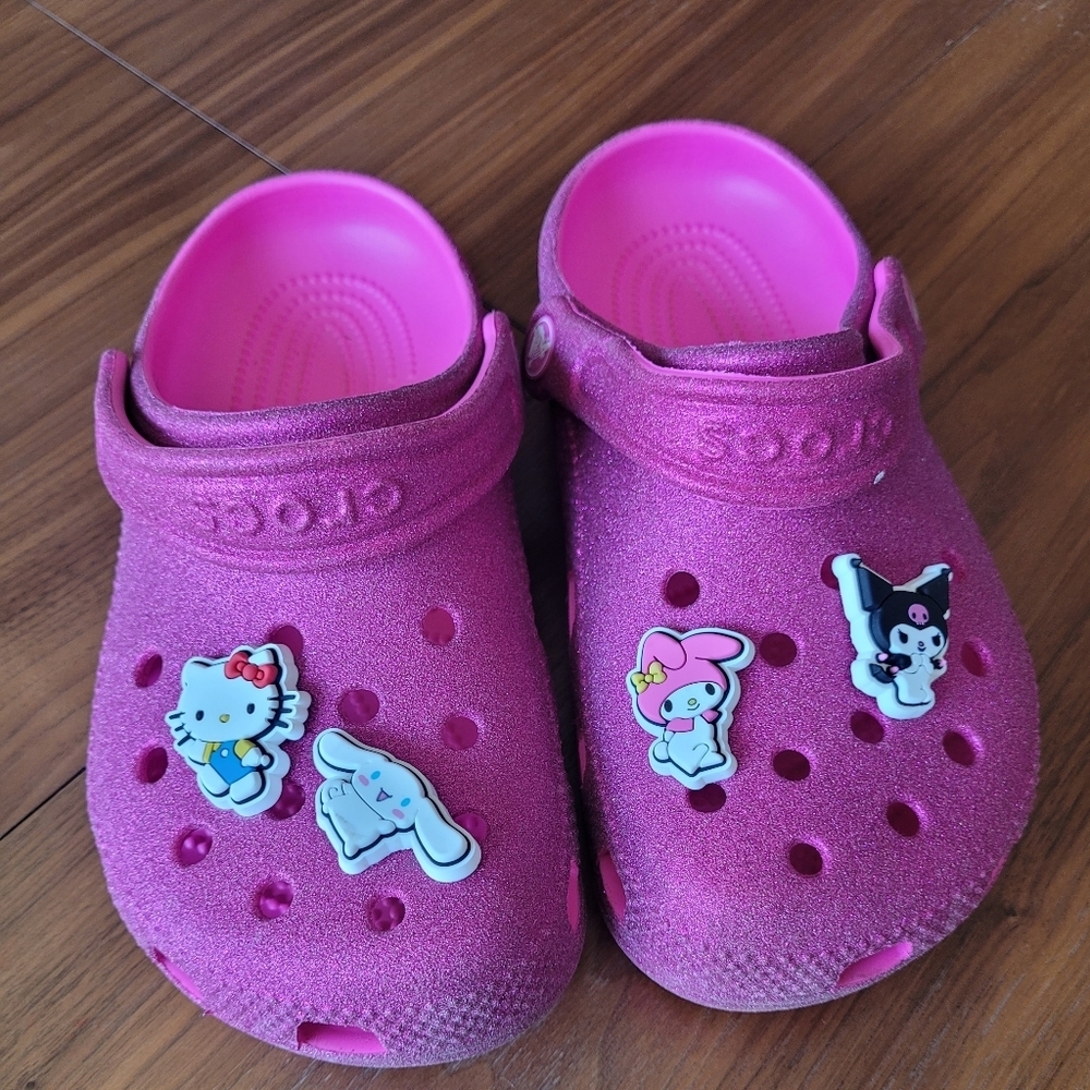 CROCS Sparkly Pink Kids Slippers with Cute Charms